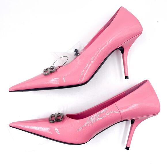 Balenciaga BB Square Knife Pumps Pink Patent Leather Pointed Tie Sz 38 / 8 - Picture 10 of 13